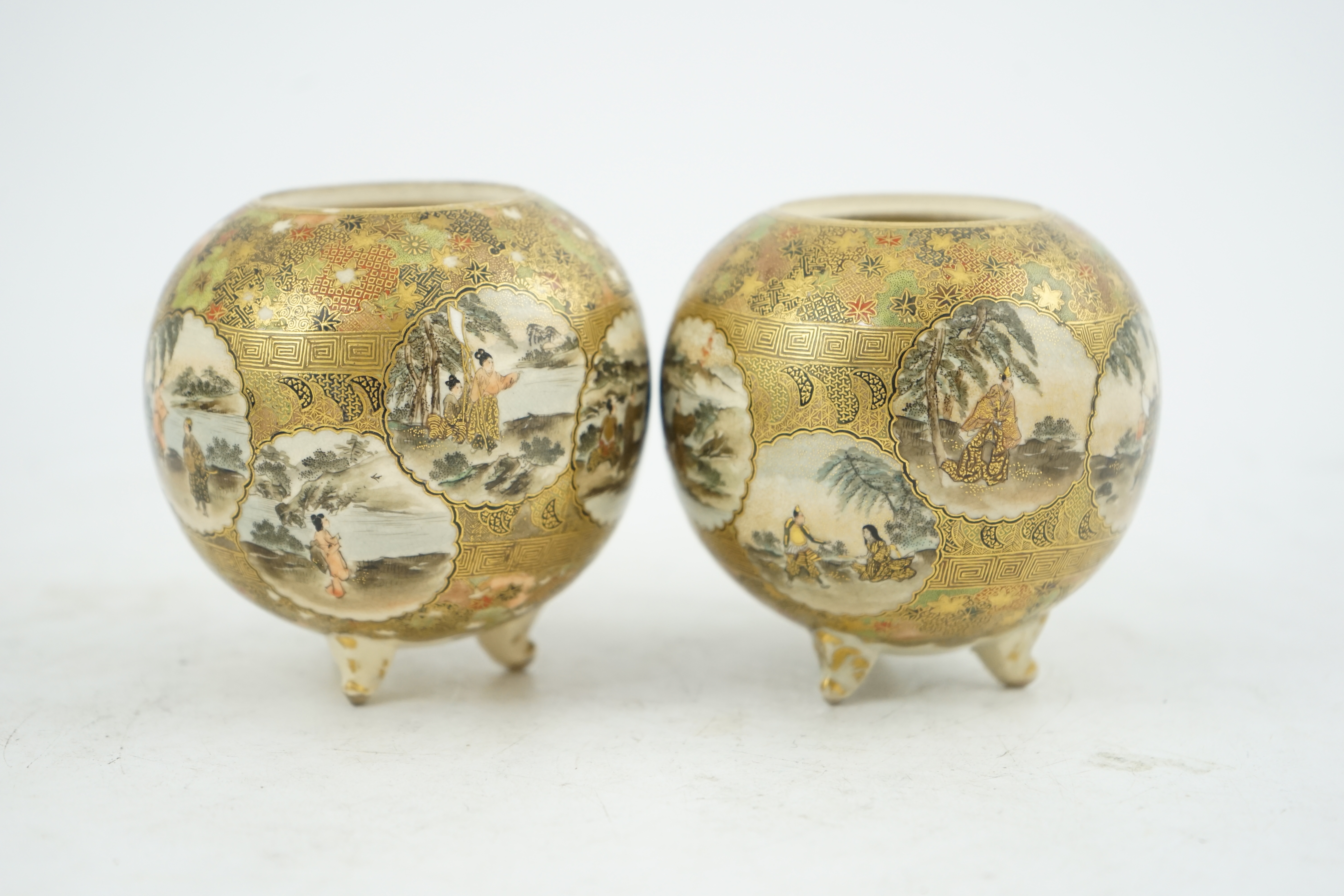 A pair of Japanese Satsuma globular koros, Meiji period